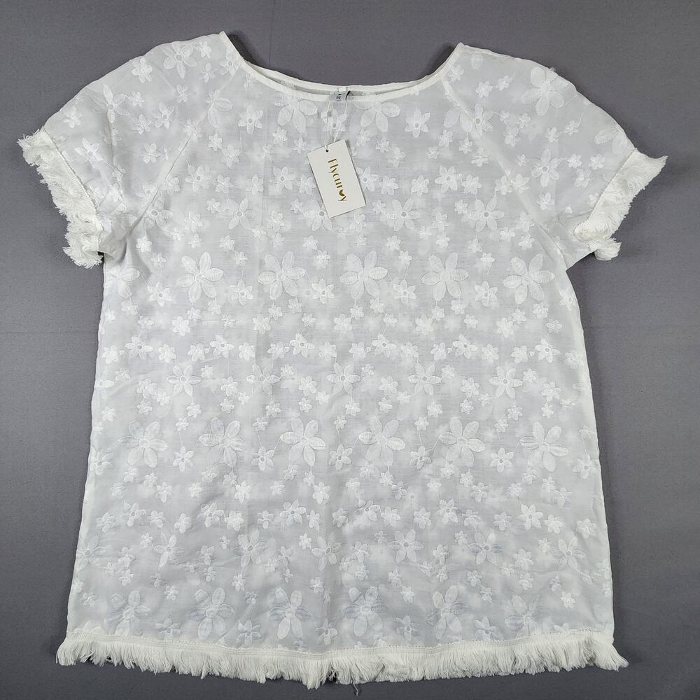 NWT 2XL Flycurvy White Floral Embroidered with Fringe bottom, Short Sleeve Top